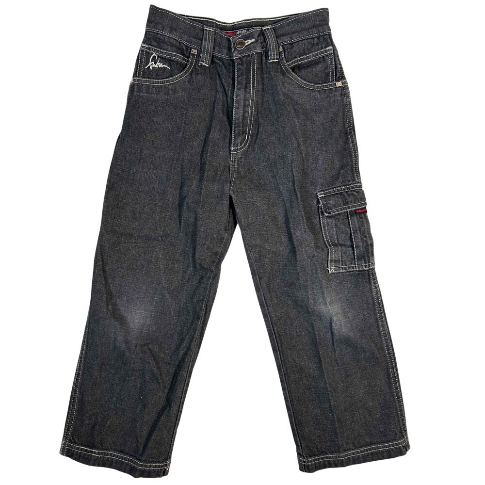 FUBU Apparel Company Boys Black Wash Cargo Denim Jeans Size 7 Y2K Streetwear